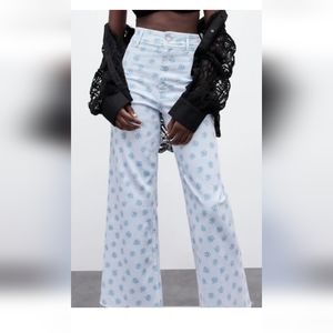 ZARA The Marine Straight Daisy Print High Rise Wide Leg Raw Hem Women Jeans Sz 6